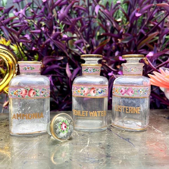 VTG Ammonia, Listerine, and Toilet Water Floral Vanity Bottles - Picture 1 of 12